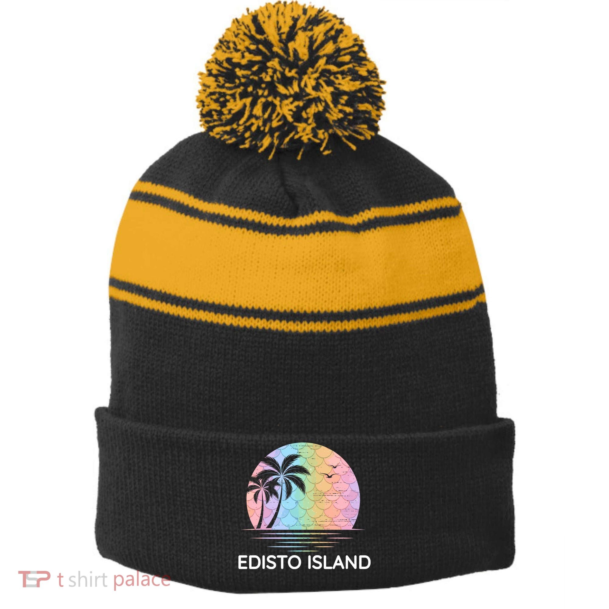 Edisto Island South Carolina Vacation Beach Family Group Stripe Pom Pom Beanie
