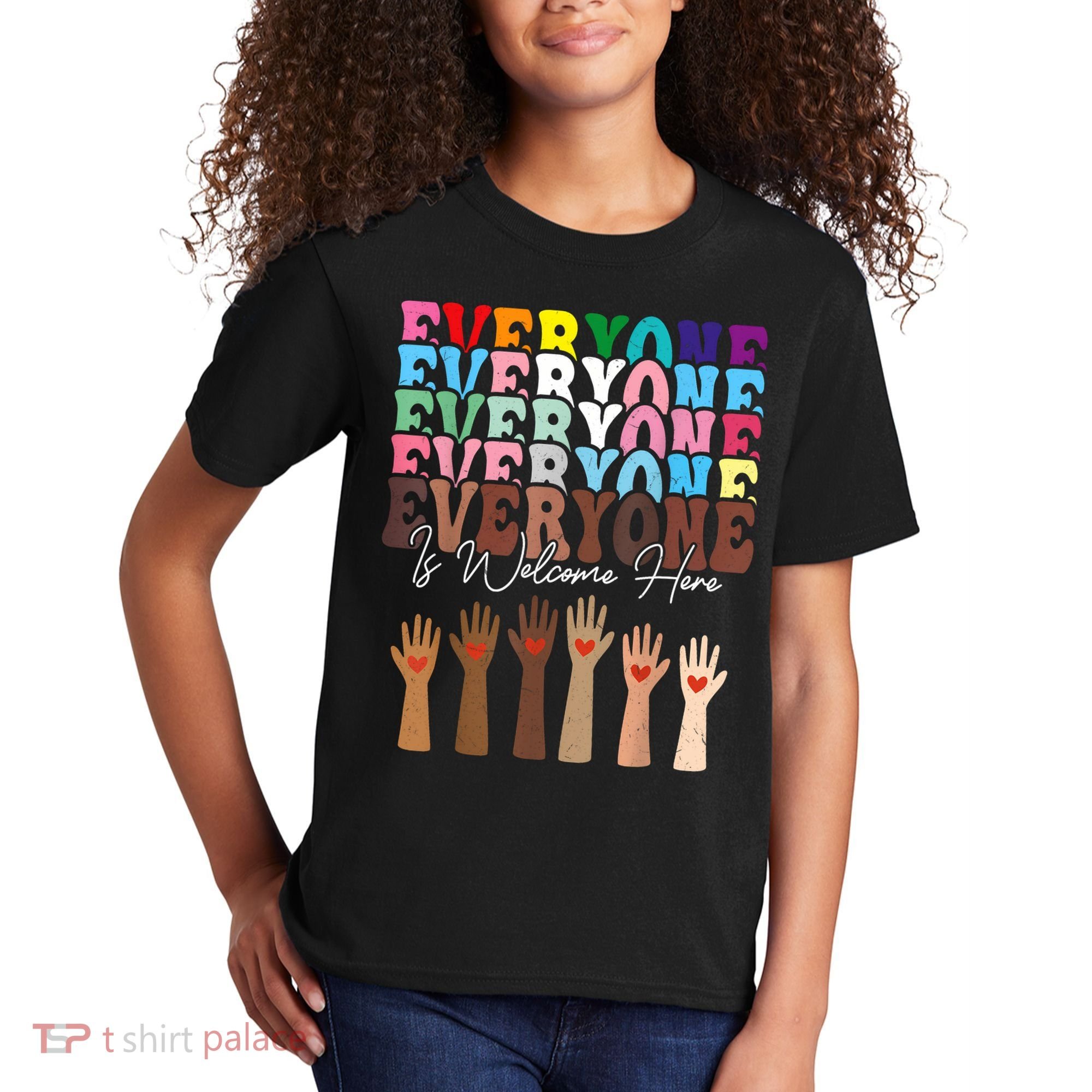 Everyone Is Welcome Here Retro Groovy Diversity Teachers Kids T-Shirt