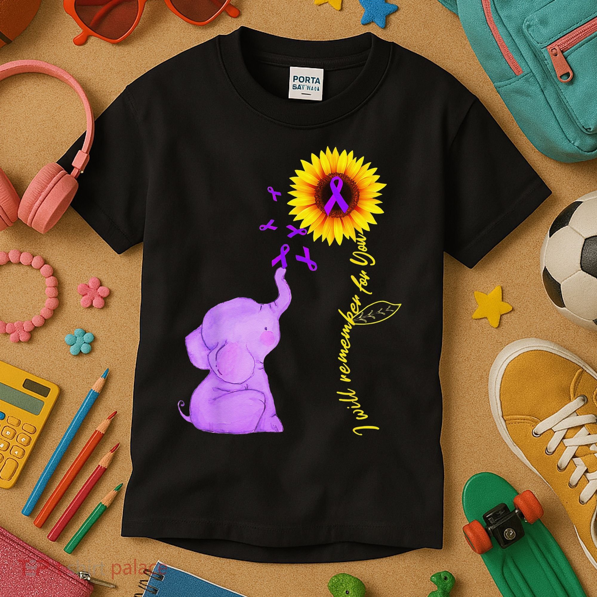 Elephant I Will Remember For You Sunflower Alzheimer Kids T-Shirt