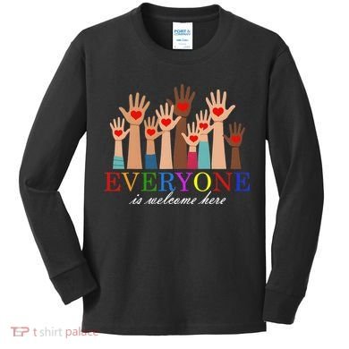 Everyone Is Welcome Here Idaho Teacher Support Lgbt Heart Kids Long Sleeve Shirt