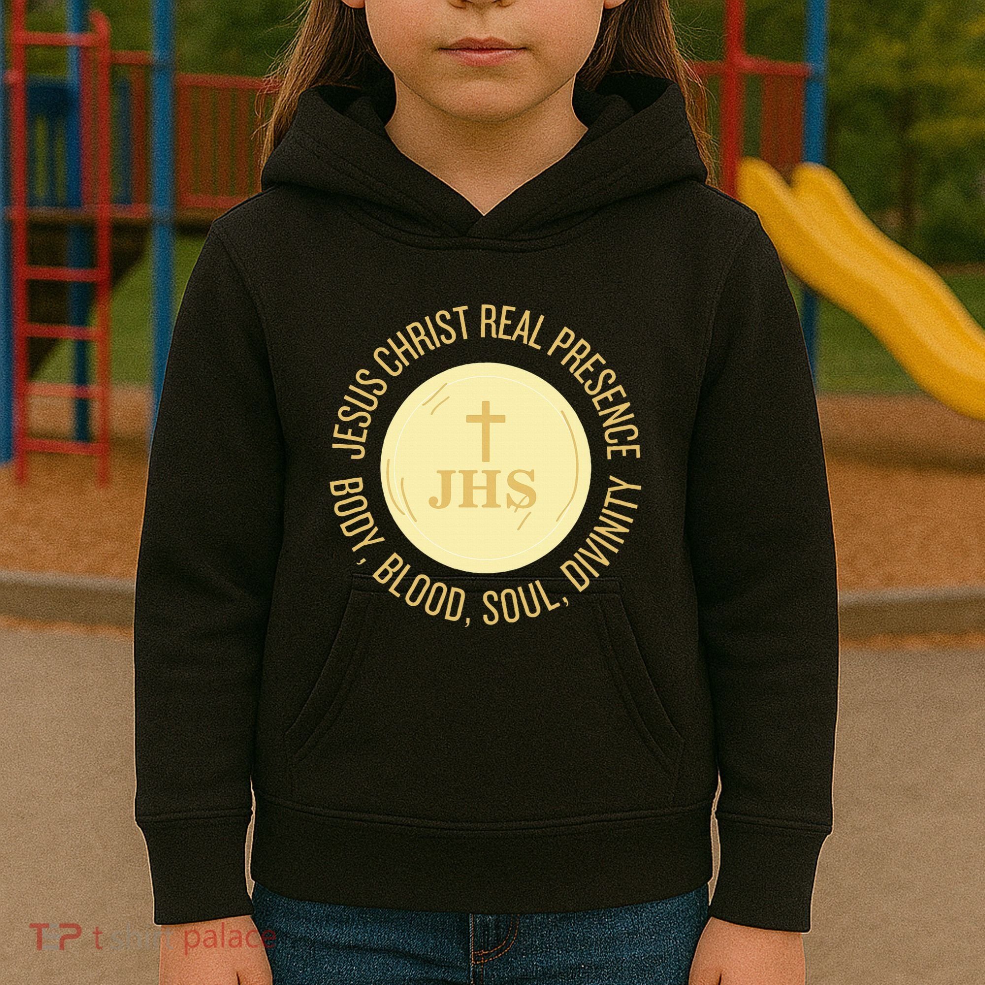 Eucharist Jesus Christ Presence Body Blood Soul Divinity Kids Hoodie