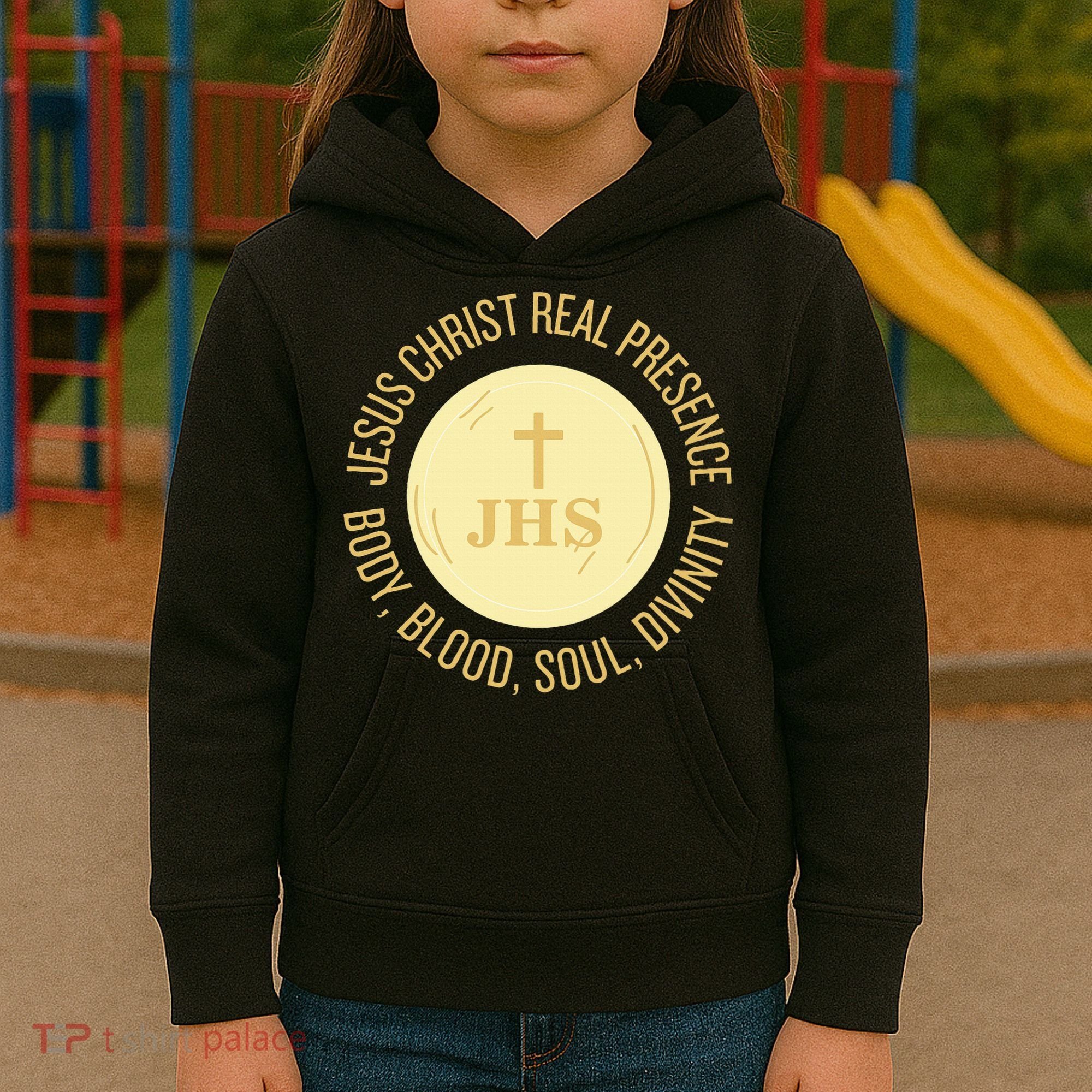 Eucharist Jesus Christ Presence Body Blood Soul Divinity Kids Hoodie