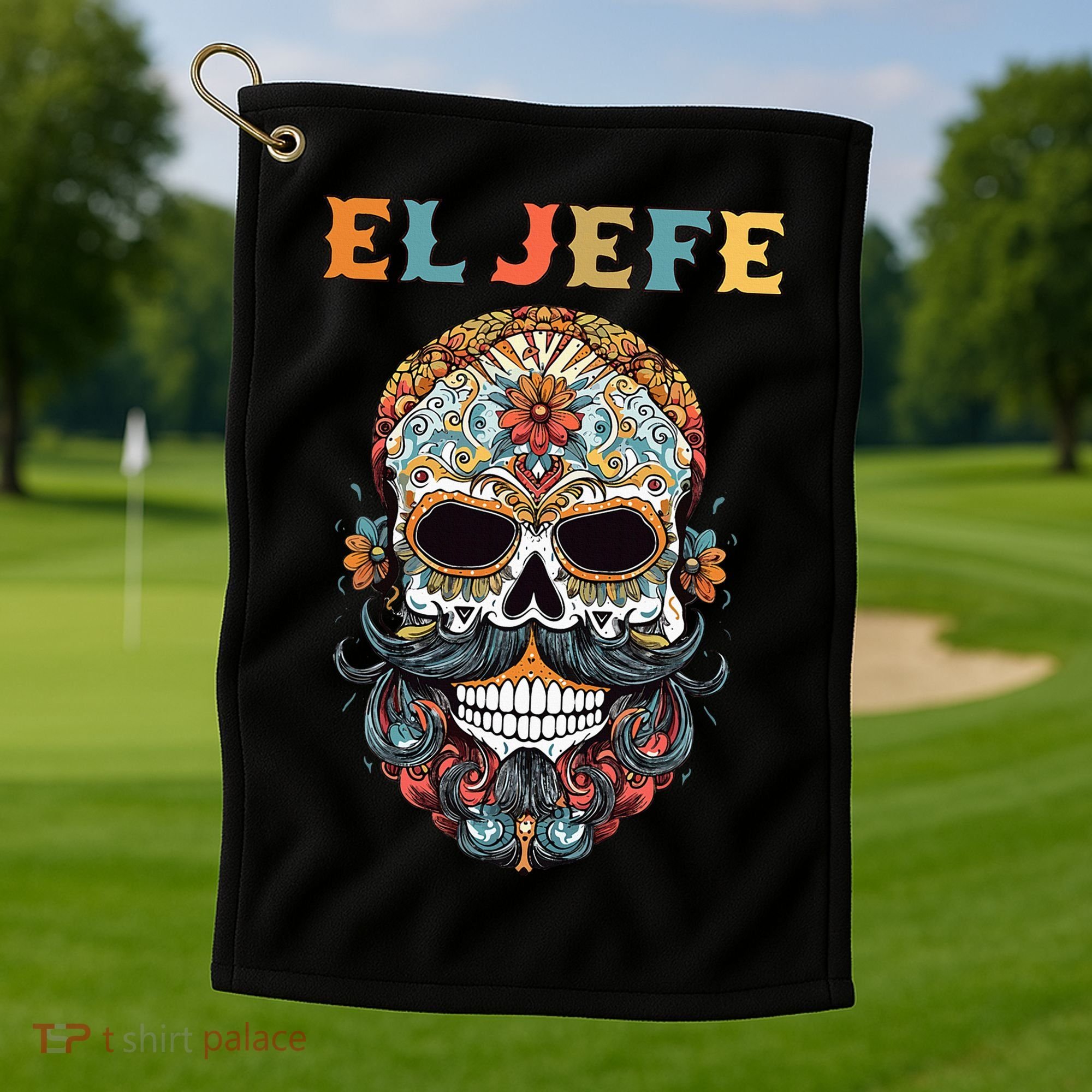 El Jefe Funny Skull Mexican Boss Spanish Dia De Los Muertos Golf Towel