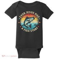 Even Jesus Has A Fish Story Christian Fisherman Funny Retro Baby Bodysuit thumb 0