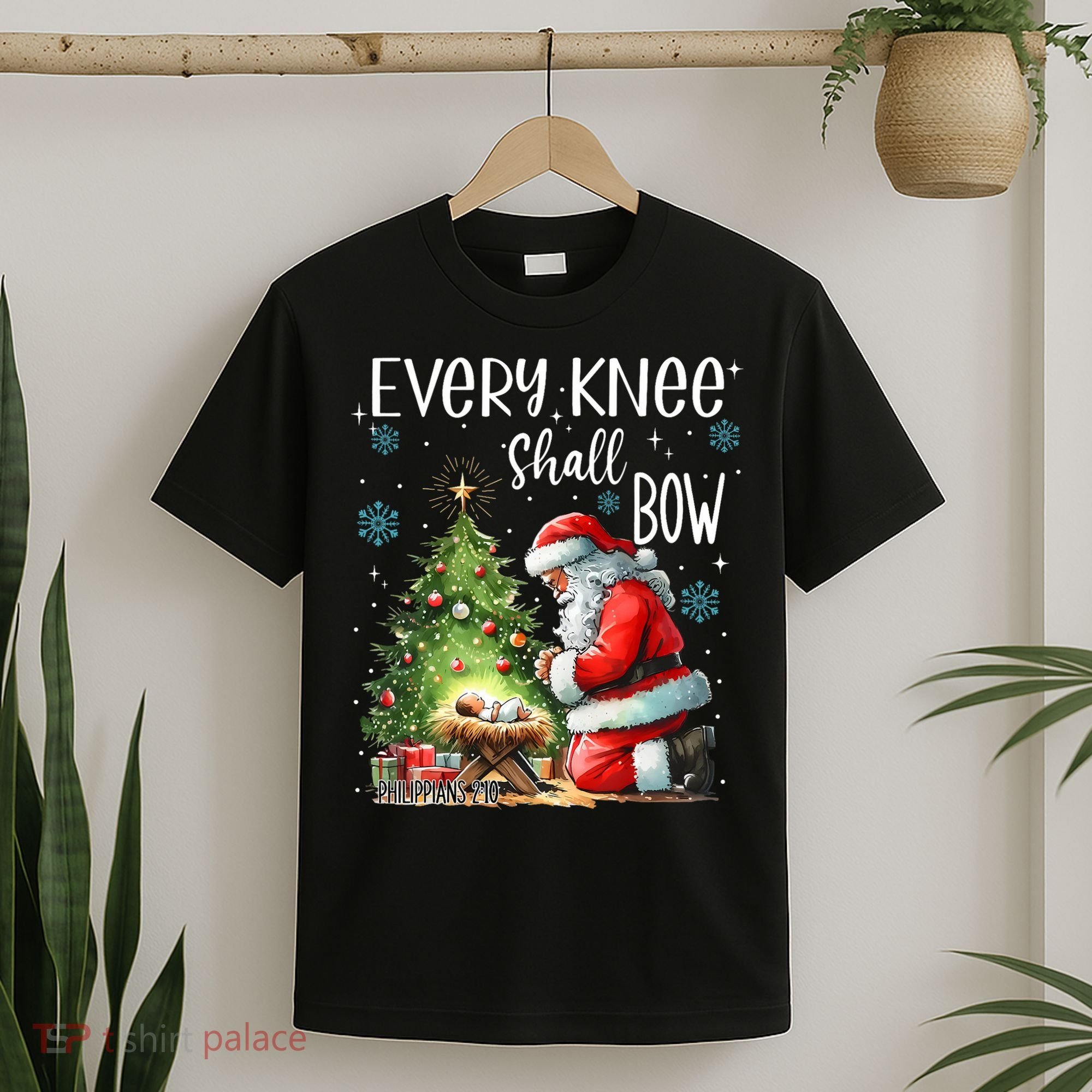 Every Knee Shall Bow Santa Christmas Nativity Scene Xmas T-Shirt