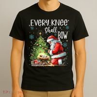 Every Knee Shall Bow Santa Christmas Nativity Scene Xmas T-Shirt thumb 3