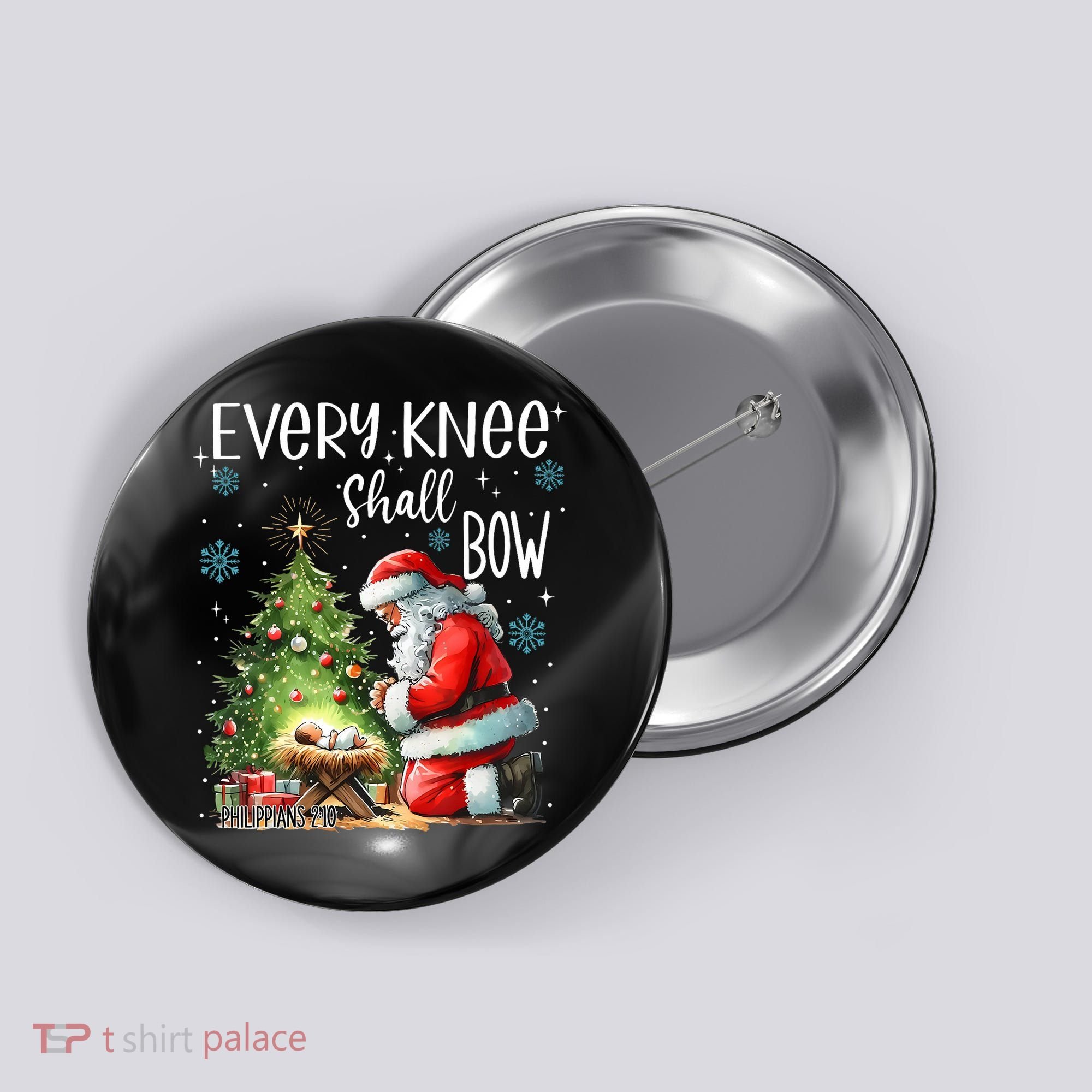 Every Knee Shall Bow Santa Christmas Nativity Scene Xmas Button