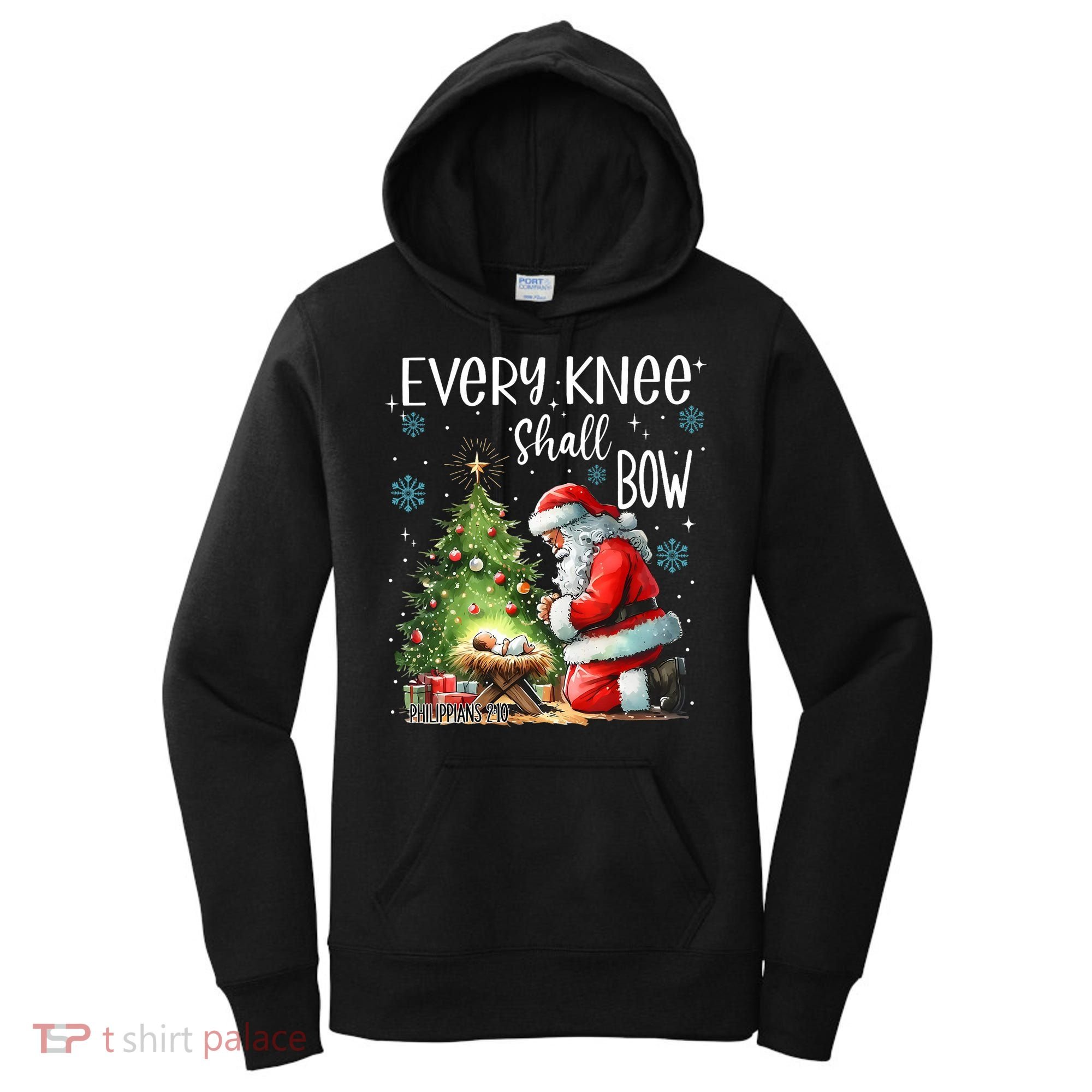Every Knee Shall Bow Santa Christmas Nativity Scene Xmas Women's Hoodie
