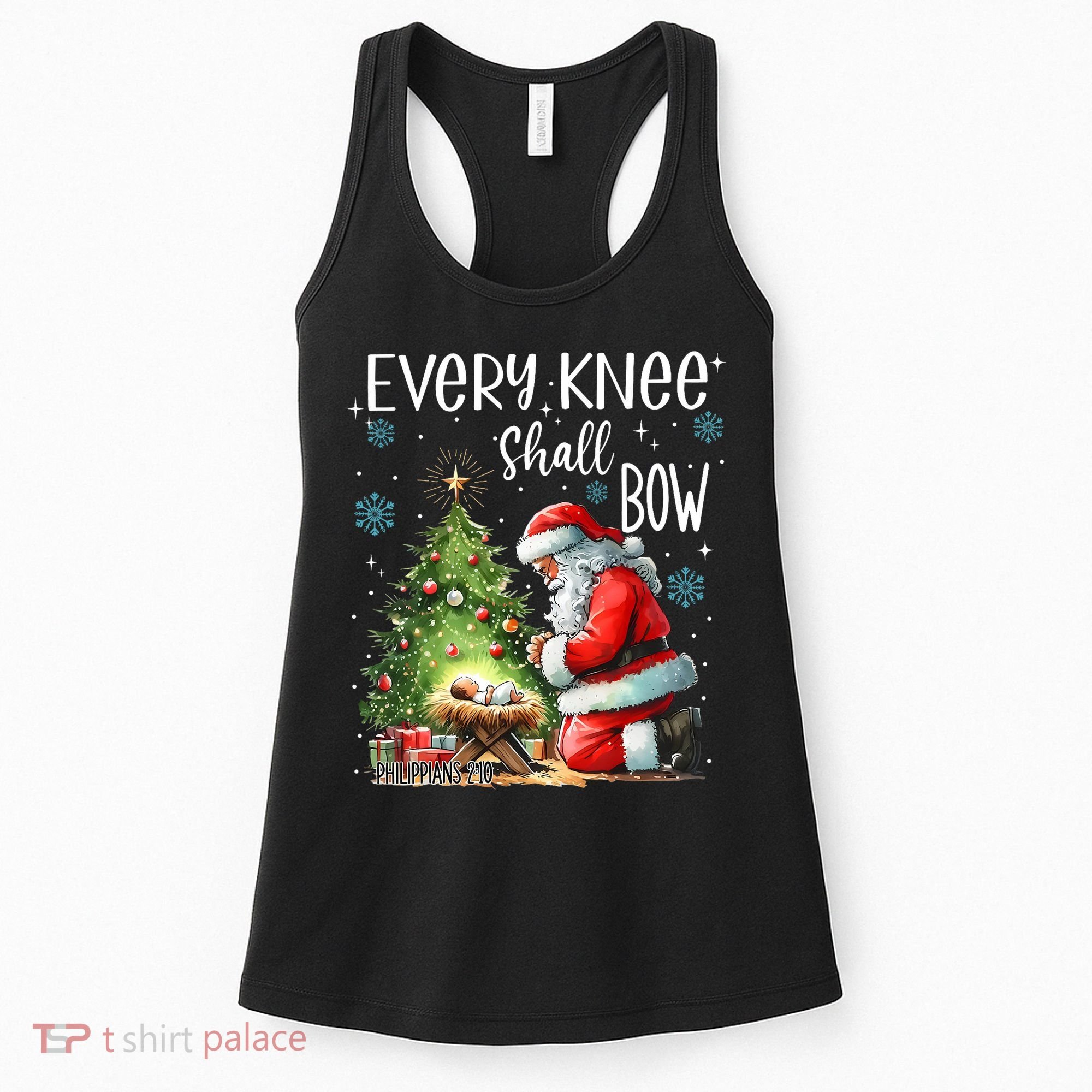 Every Knee Shall Bow Santa Christmas Nativity Scene Xmas Women's Tank Top