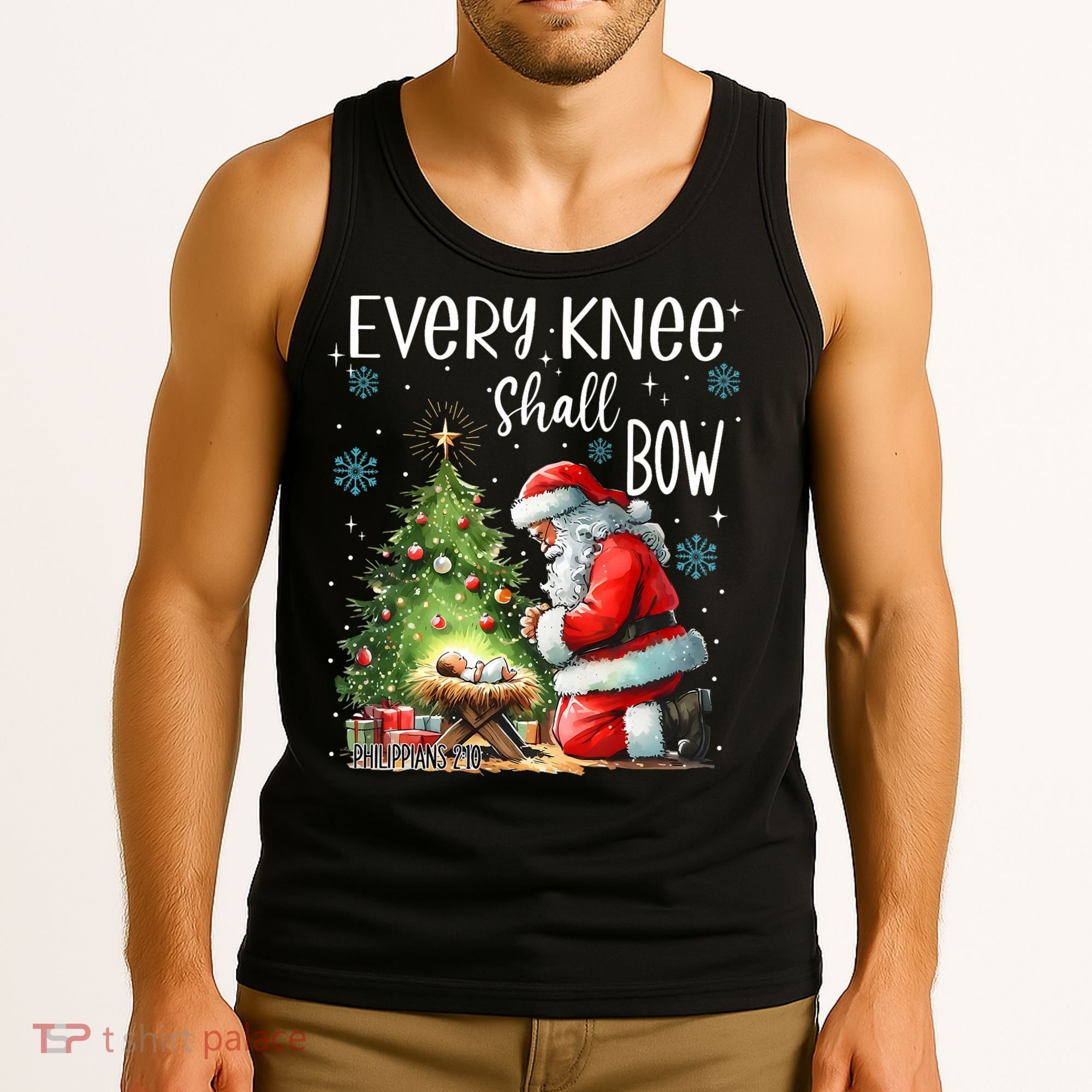 Every Knee Shall Bow Santa Christmas Nativity Scene Xmas Tank Top