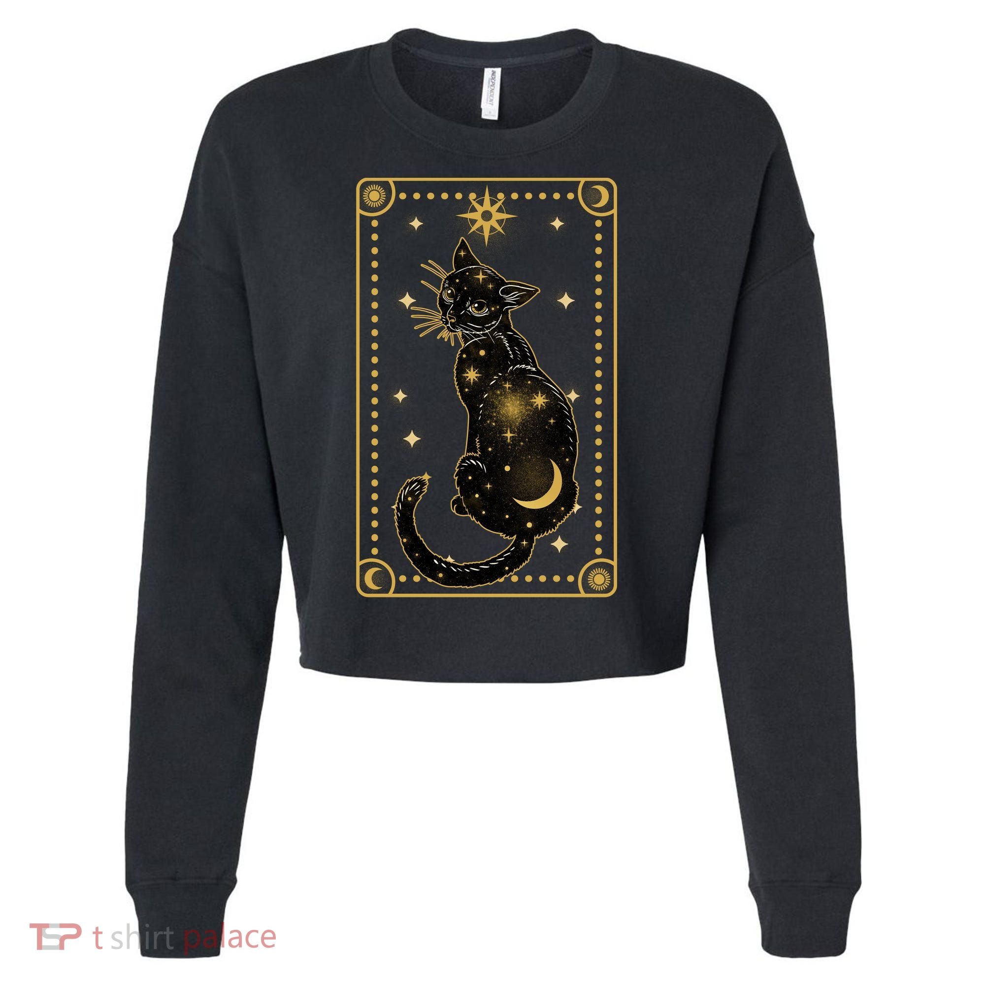Elegant Galaxy Tarot Card Cat Cropped Pullover Crew