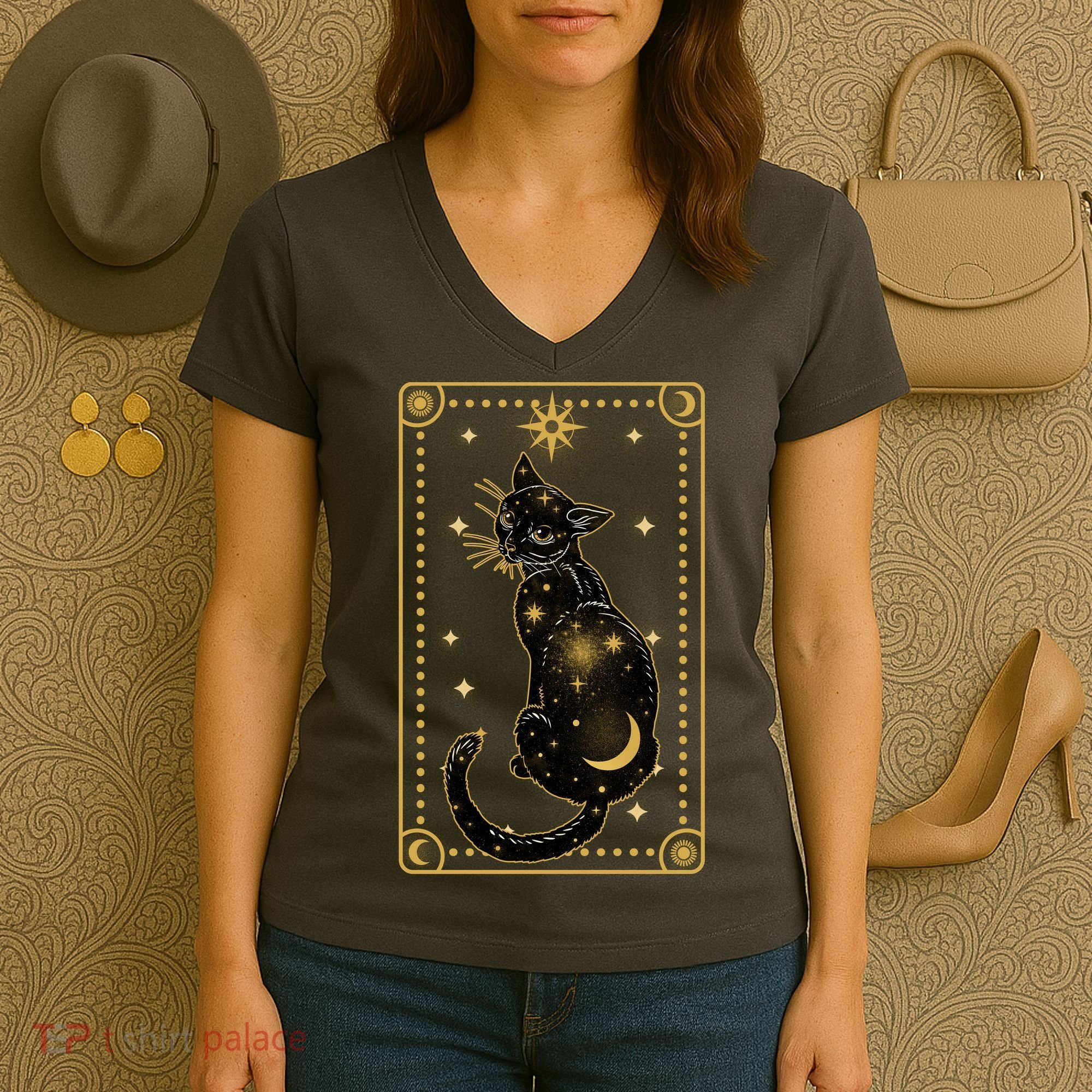 Elegant Galaxy Tarot Card Cat Women's V-Neck T-Shirt
