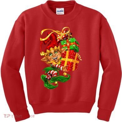 Elf With Stack Of Gifts Kids Sweatshirt