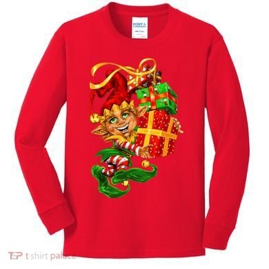 Elf With Stack Of Gifts Kids Long Sleeve Shirt