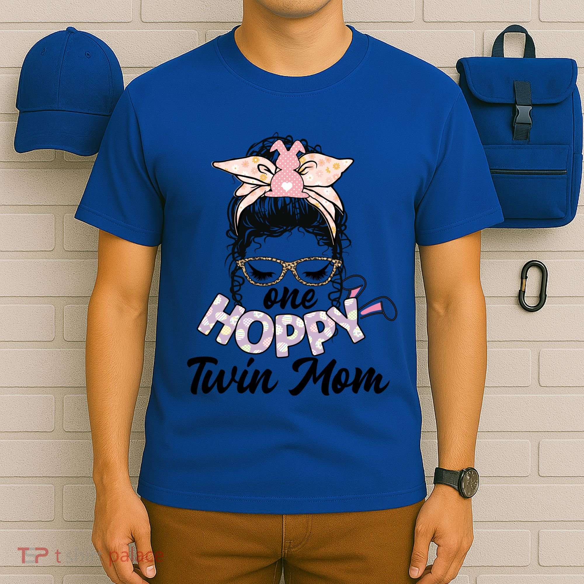 Easter Messy Bun One Hoppy Twin Mom Bunny Mom Easter Cool Gift T-Shirt