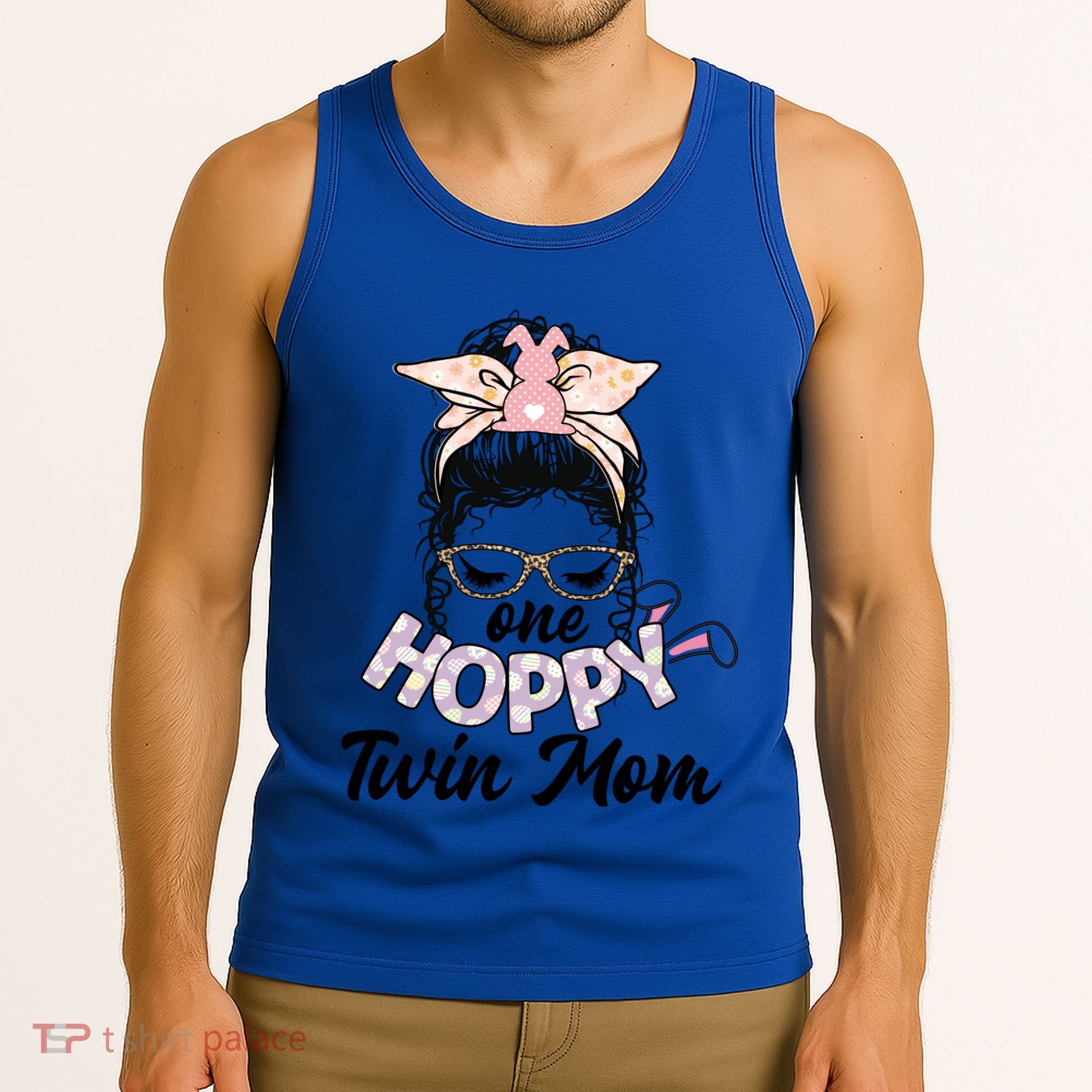 Easter Messy Bun One Hoppy Twin Mom Bunny Mom Easter Cool Gift Tank Top