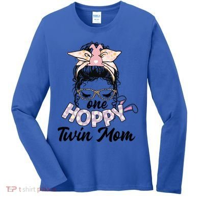 Easter Messy Bun One Hoppy Twin Mom Bunny Mom Easter Cool Gift Women's Long Sleeve Shirt