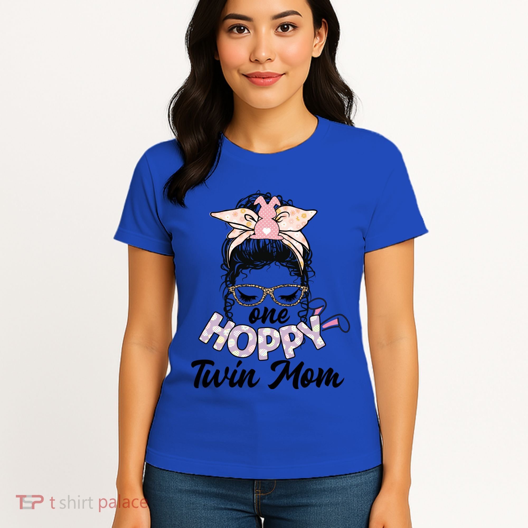 Easter Messy Bun One Hoppy Twin Mom Bunny Mom Easter Cool Gift Women's T-Shirt
