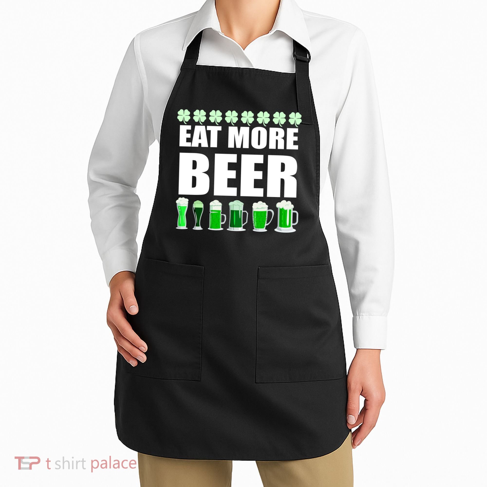 Eat More Beer St. Patrick's Day Irish Clover Green Beer Apron