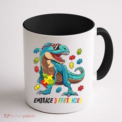 Embrace Differences Autism Awareness Dino Coffee Mug back
