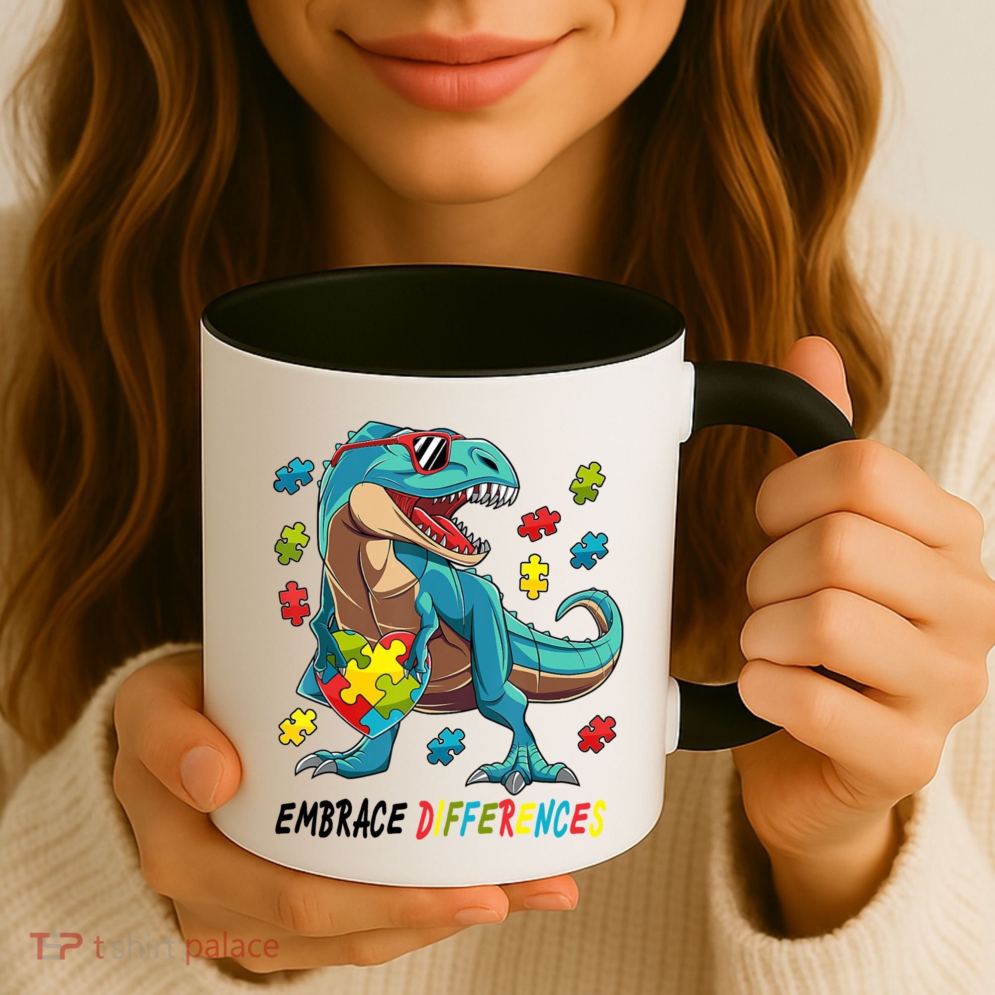 Embrace Differences Autism Awareness Dino Coffee Mug