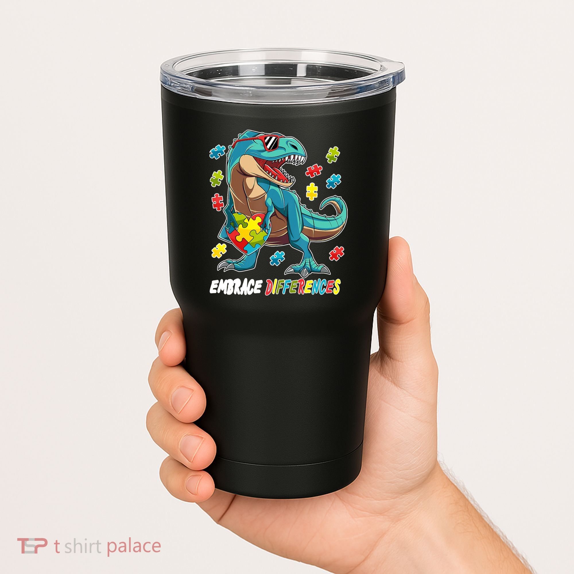Embrace Differences Autism Awareness Dino Tumbler