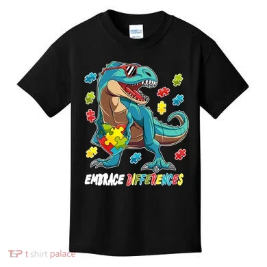 Embrace Differences Autism Awareness Dino Kids T-Shirt
