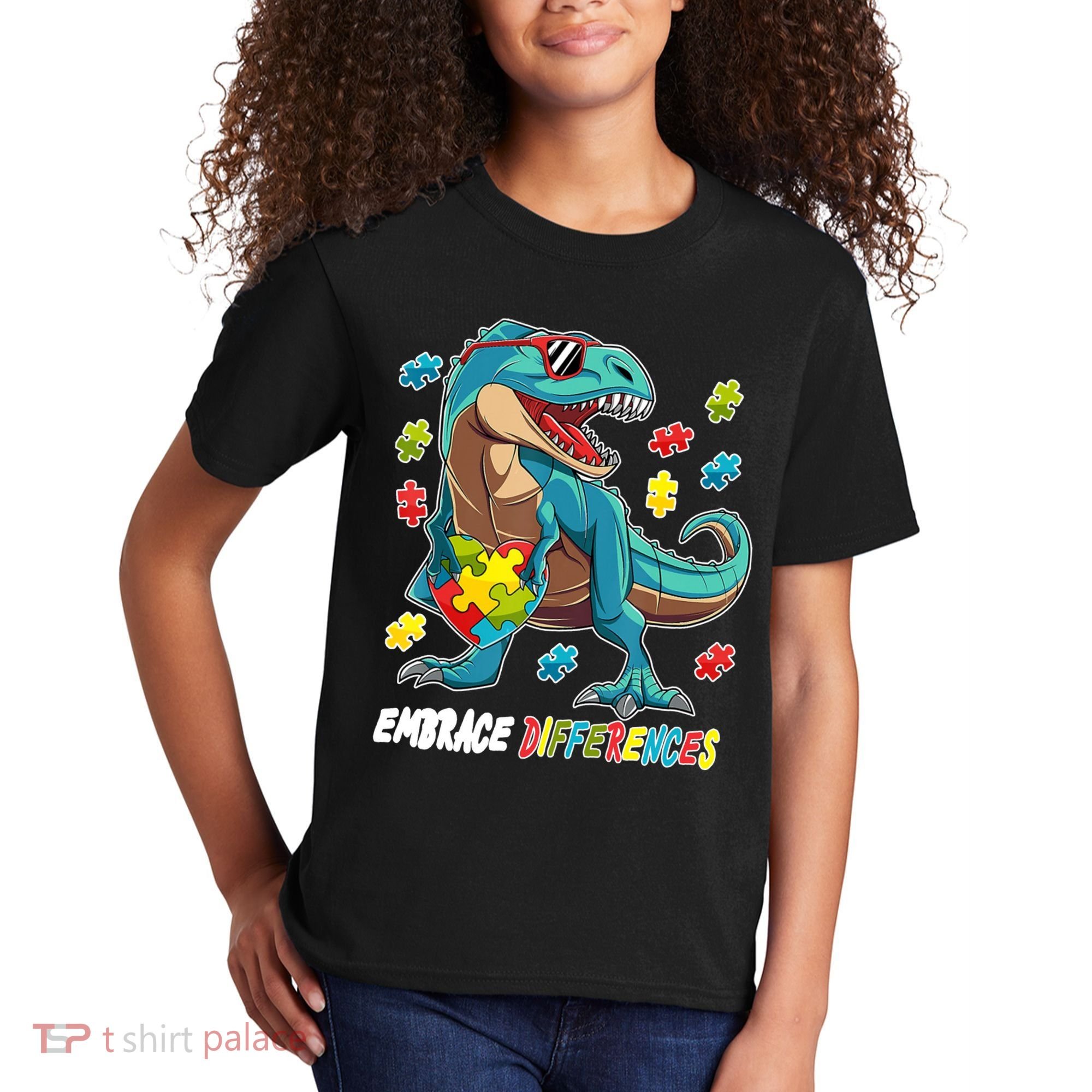 Embrace Differences Autism Awareness Dino Kids T-Shirt