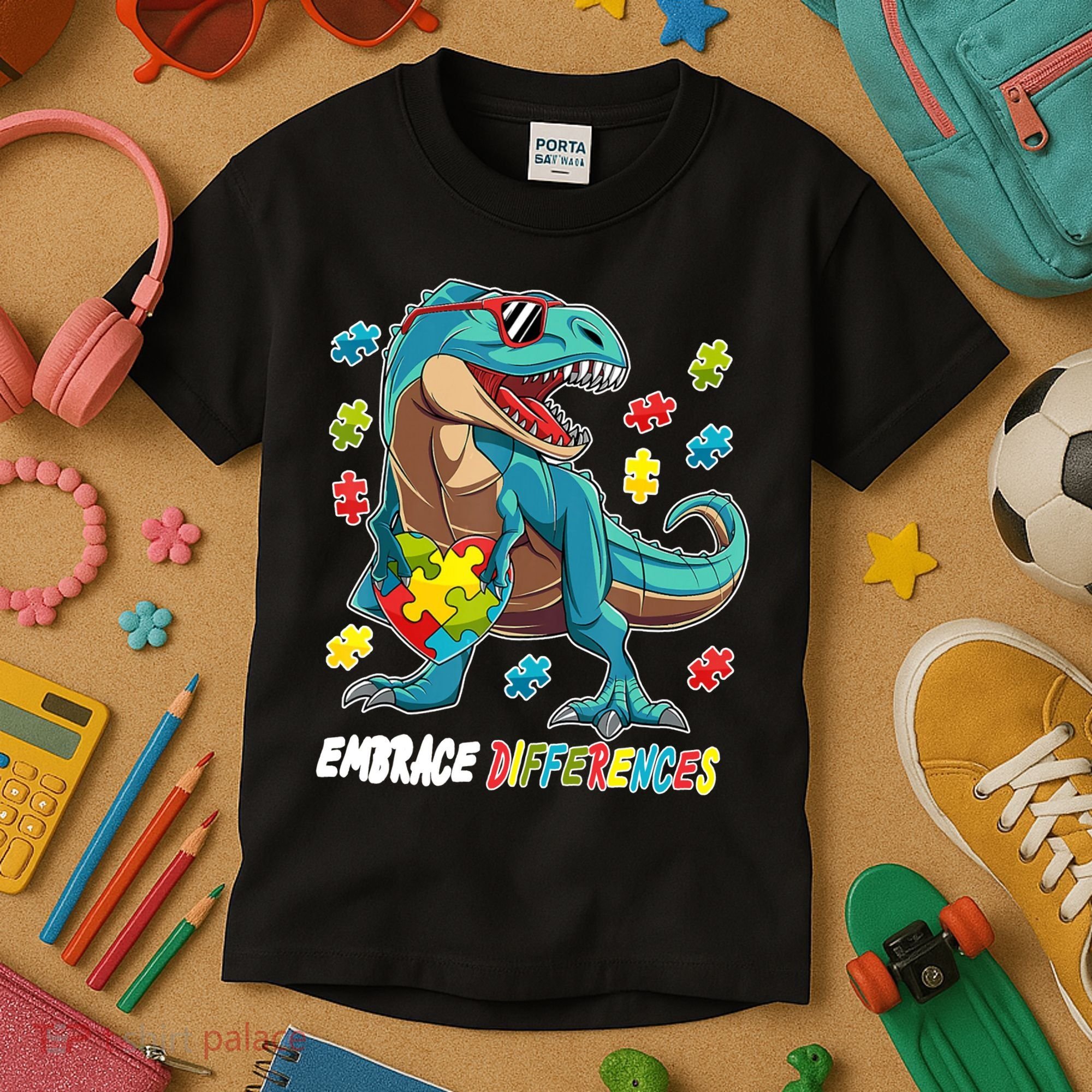 Embrace Differences Autism Awareness Dino Kids T-Shirt