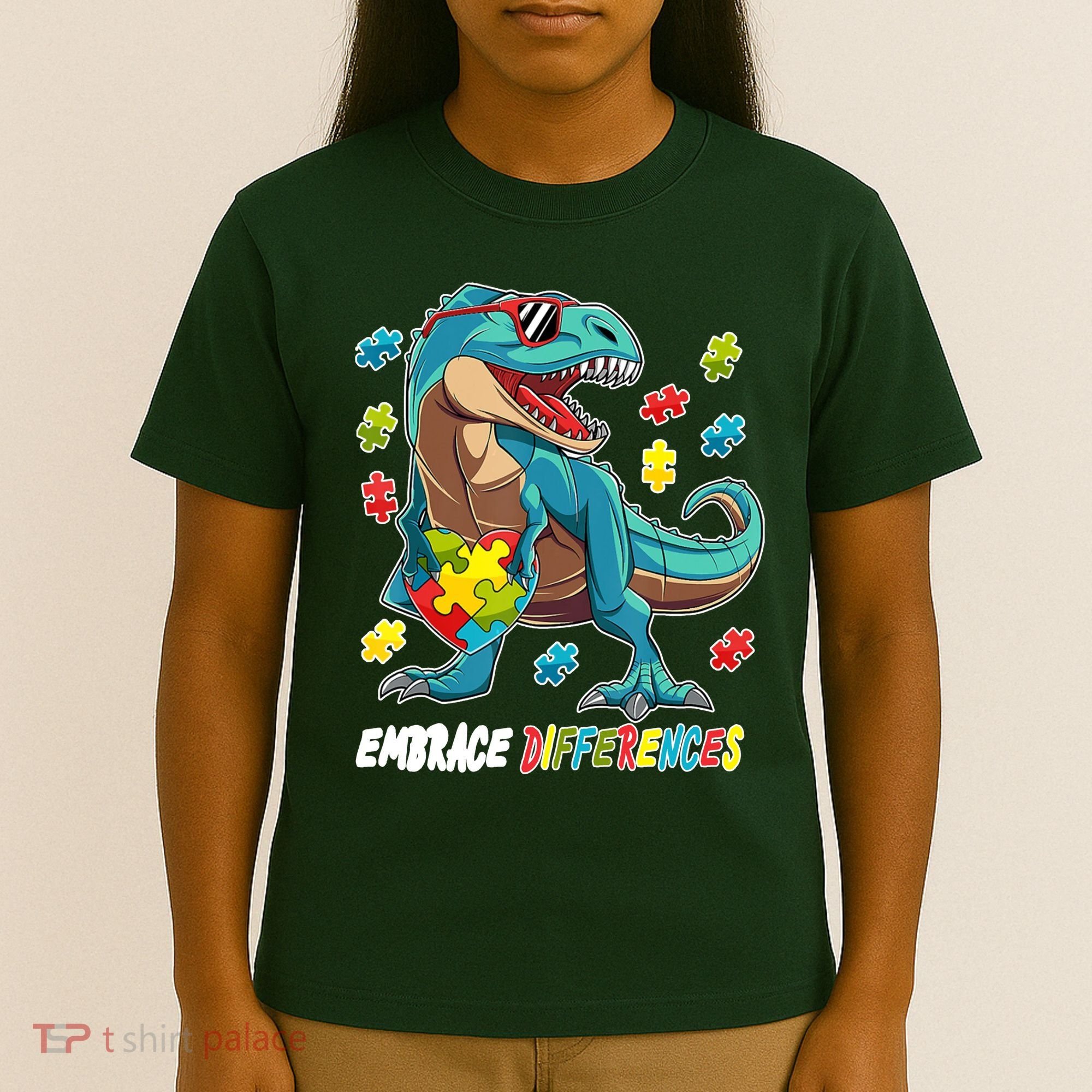 Embrace Differences Autism Awareness Dino T-Shirt