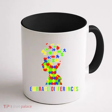 Embrace Differences Autism Awareness Puzzle Pieces Coffee Mug back