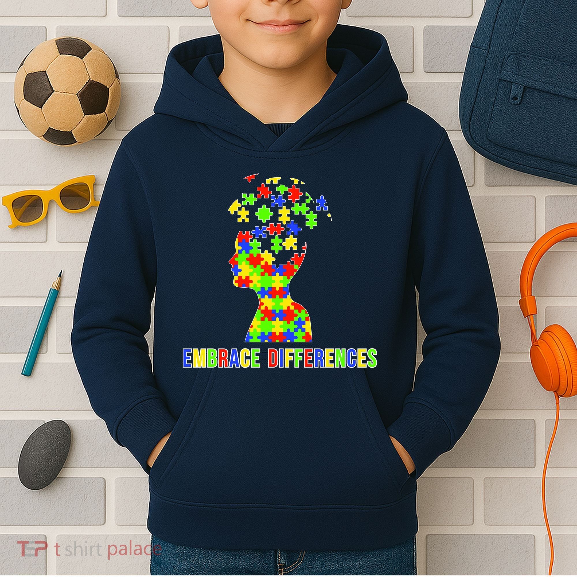 Embrace Differences Autism Awareness Puzzle Pieces Kids Hoodie