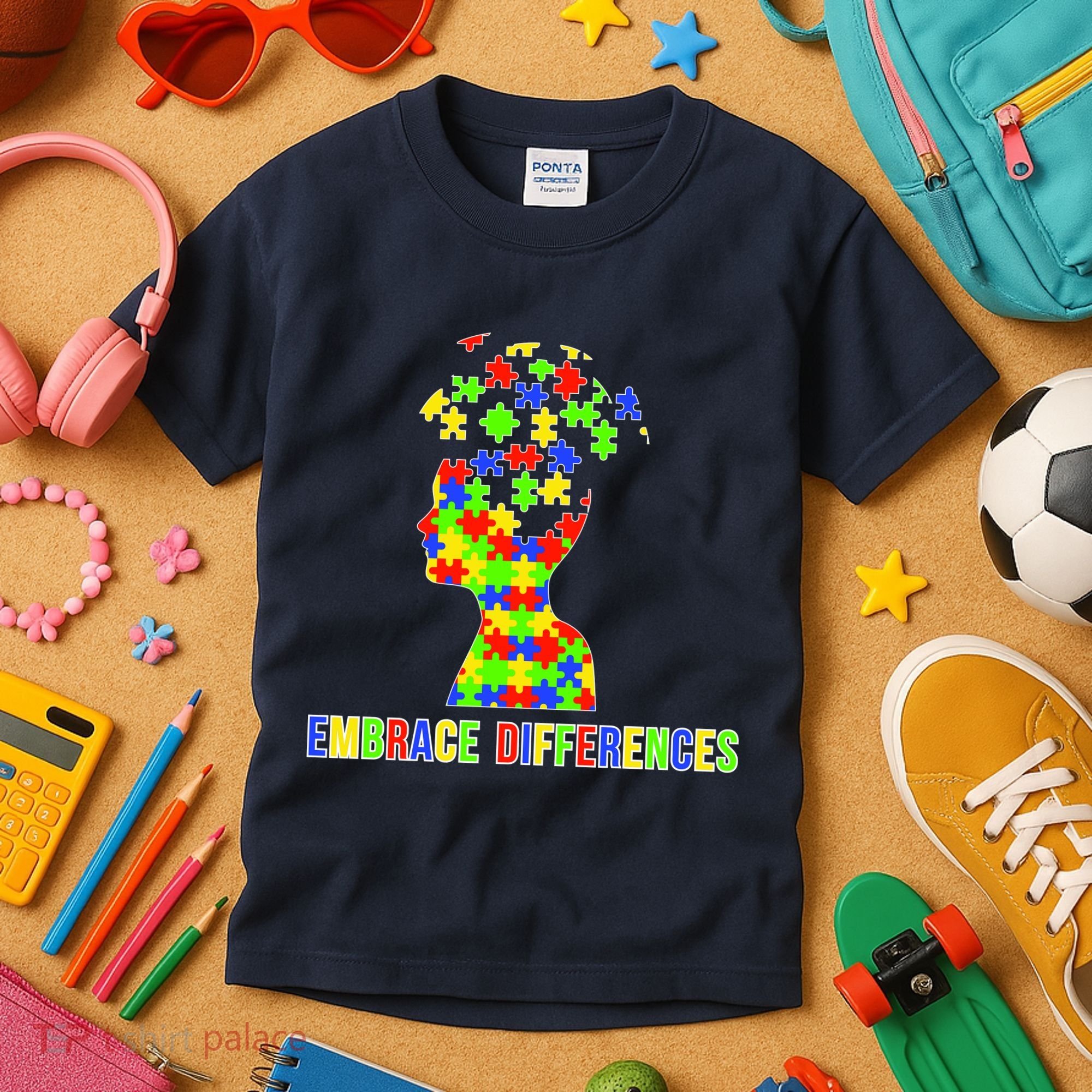 Embrace Differences Autism Awareness Puzzle Pieces Kids T-Shirt