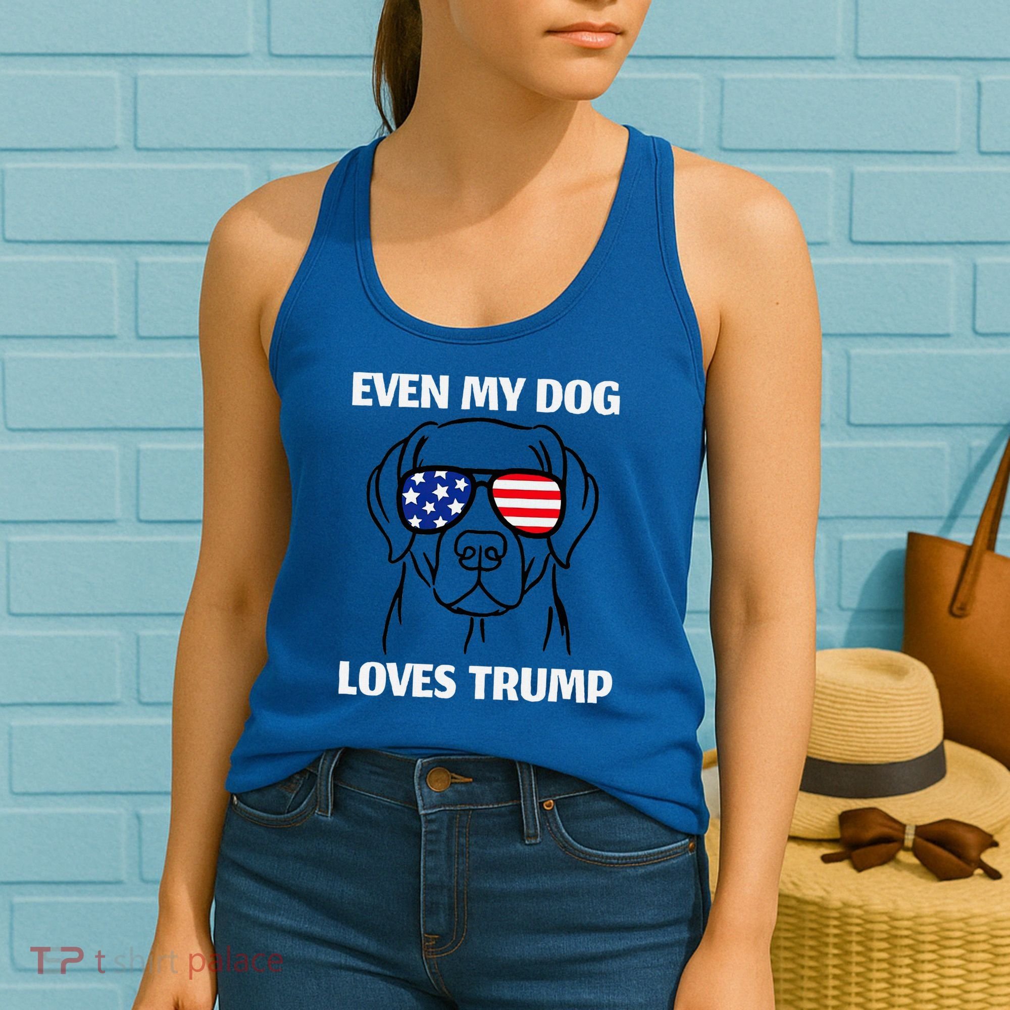 Even My Dog Loves Trump Labrador With Usa Flag Sunglasses Women's Tank Top