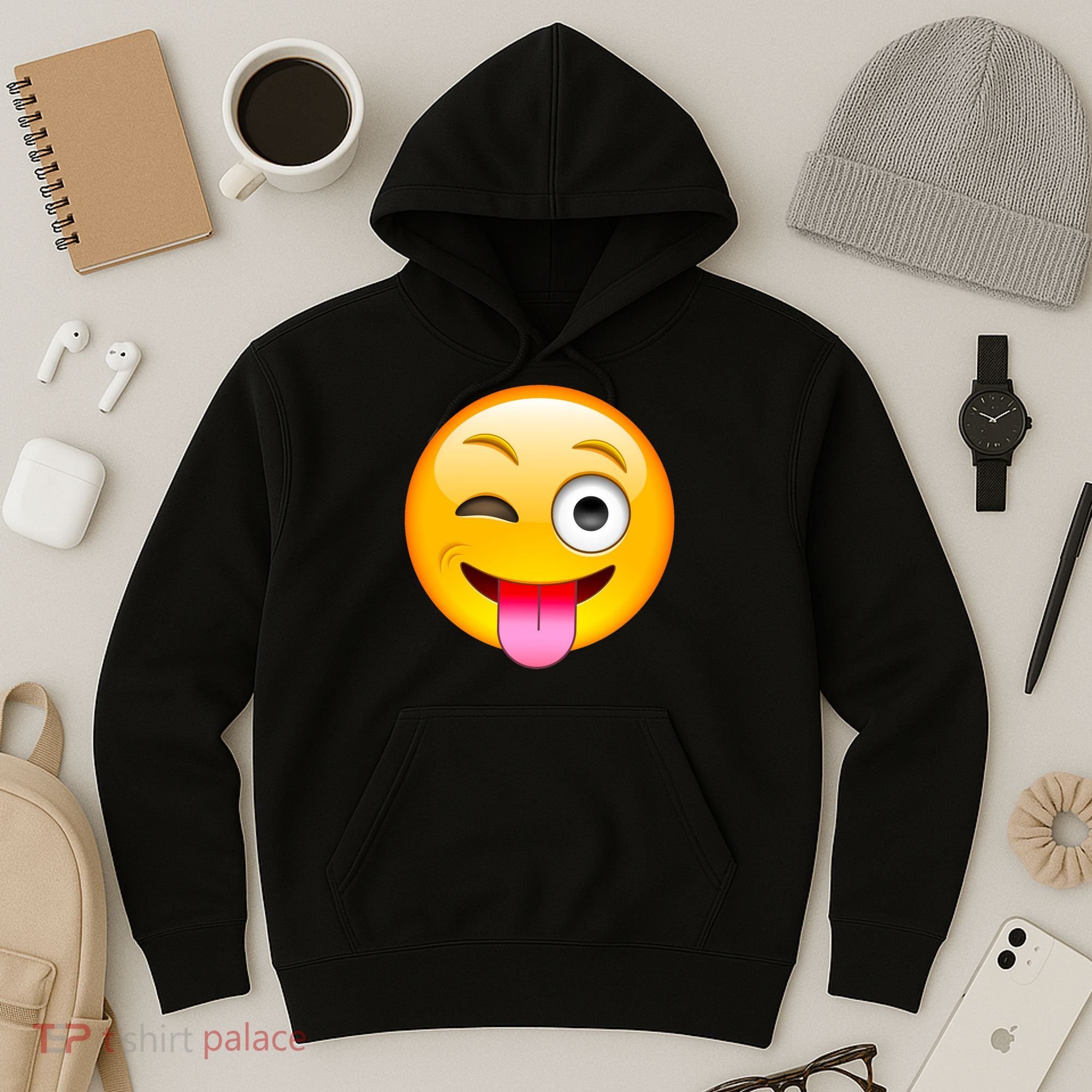 Emoticon Tongue Out Emoji with Winking Eye Smiley Hoodie