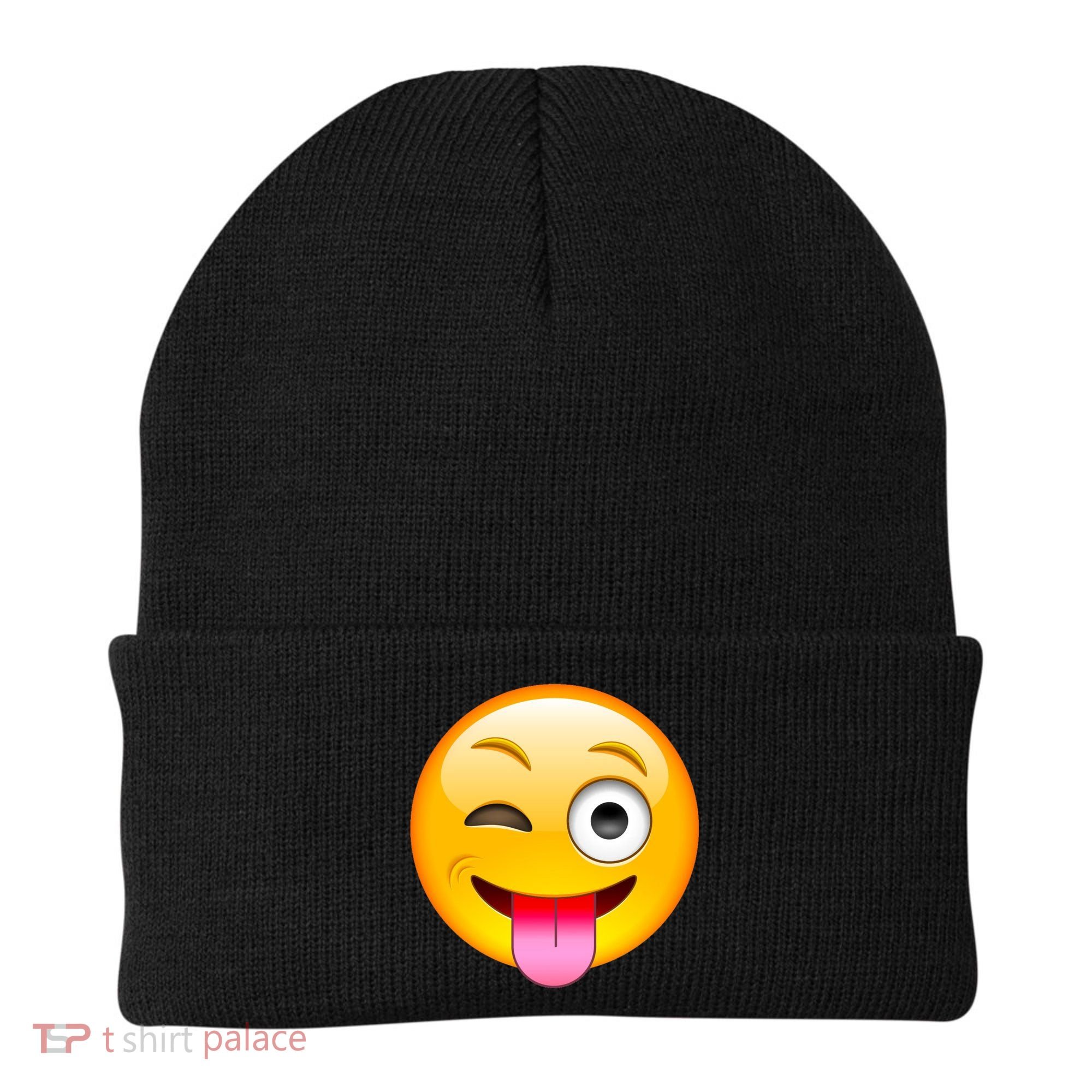 Emoticon Tongue Out Emoji with Winking Eye Smiley Beanie