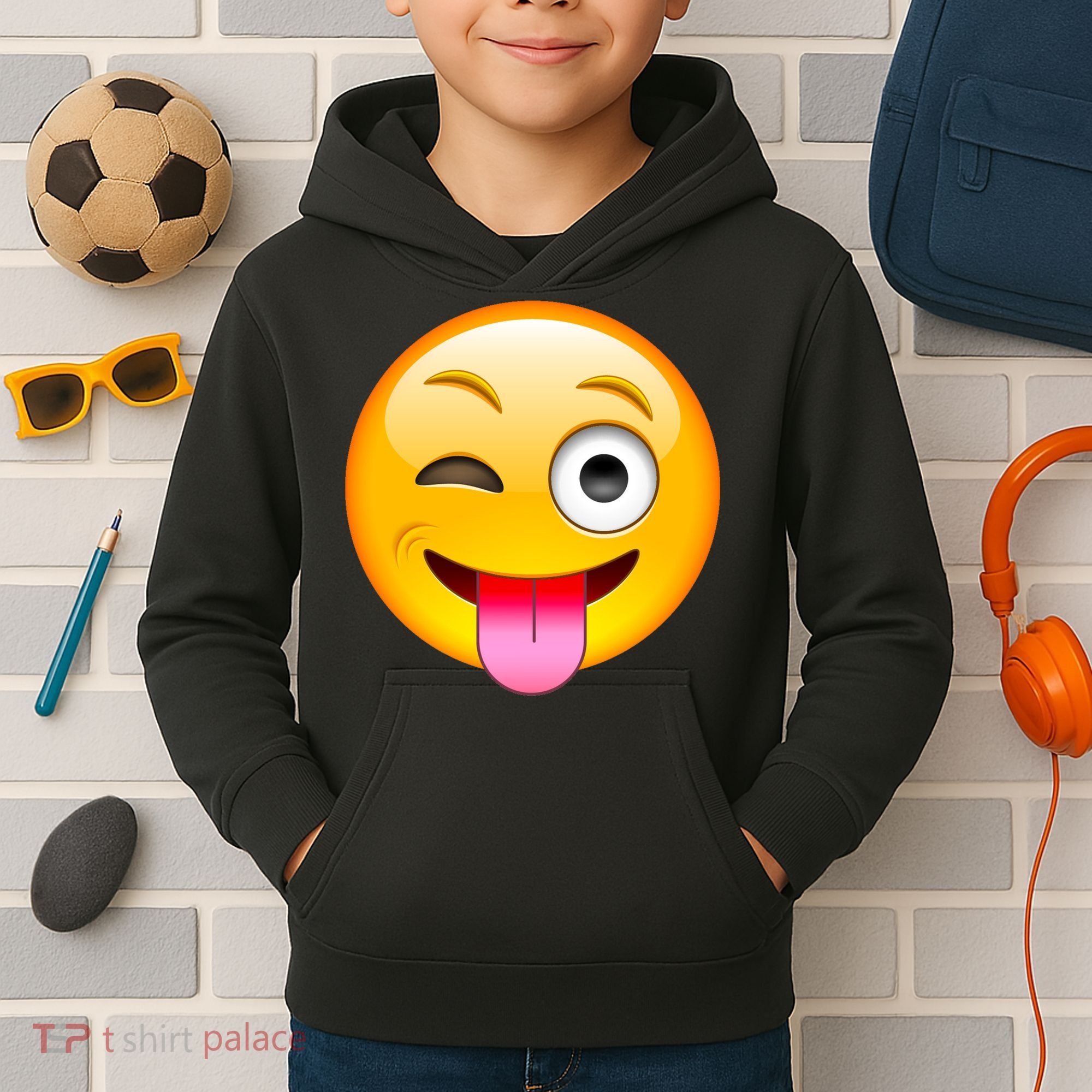 Emoticon Tongue Out Emoji with Winking Eye Smiley Kids Hoodie