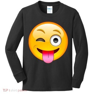 Emoticon Tongue Out Emoji with Winking Eye Smiley Kids Long Sleeve Shirt
