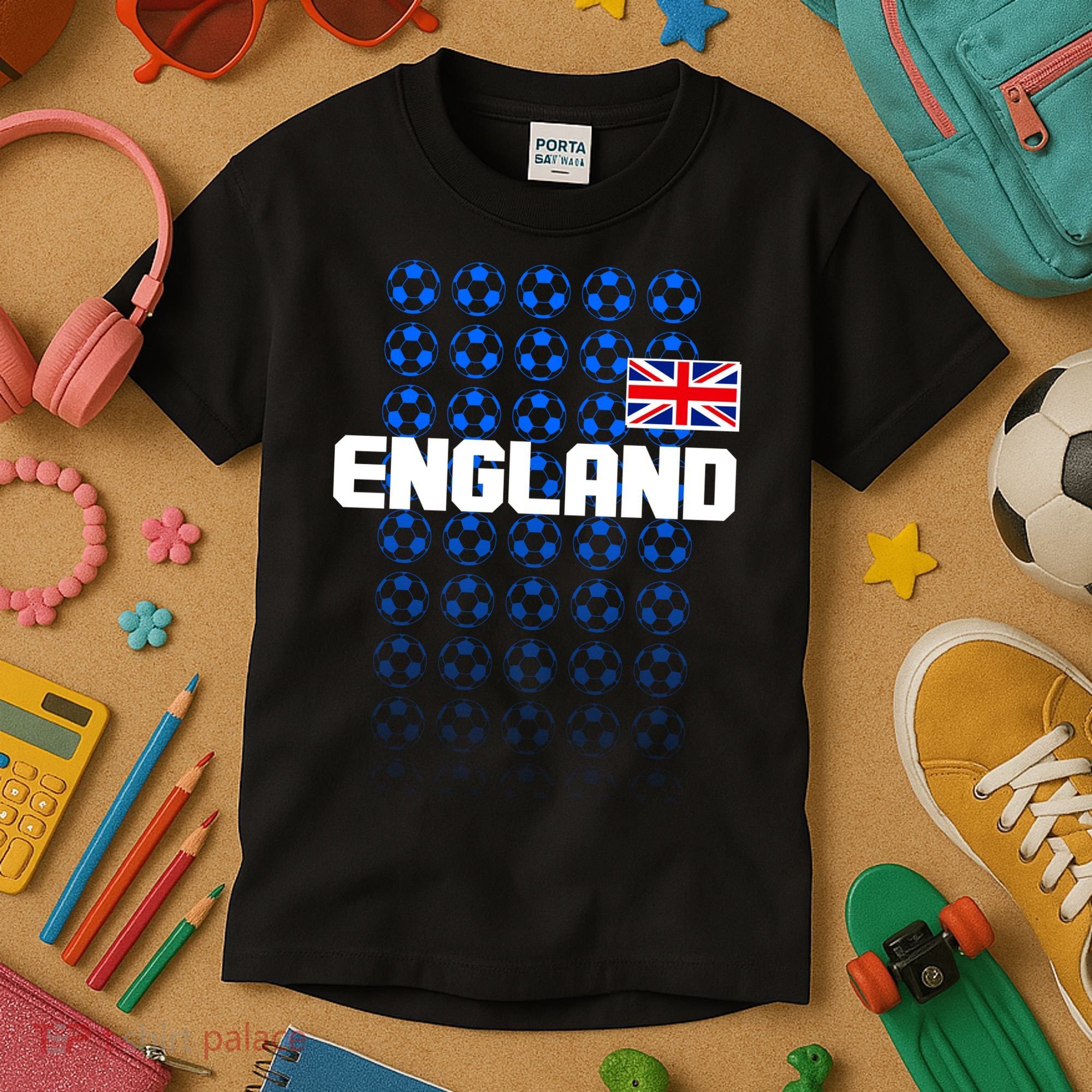 England Flag Soccer Ball Futbol Pattern Kids T-Shirt