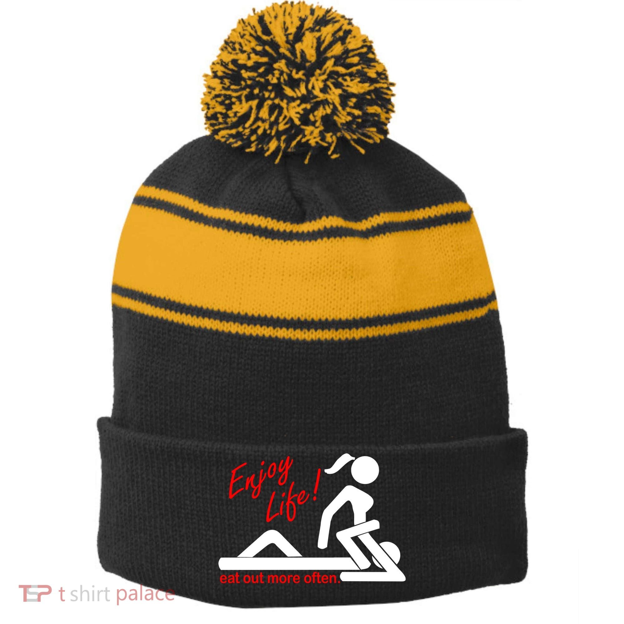Enjoy Life Eat Out More Often Stripe Pom Pom Beanie