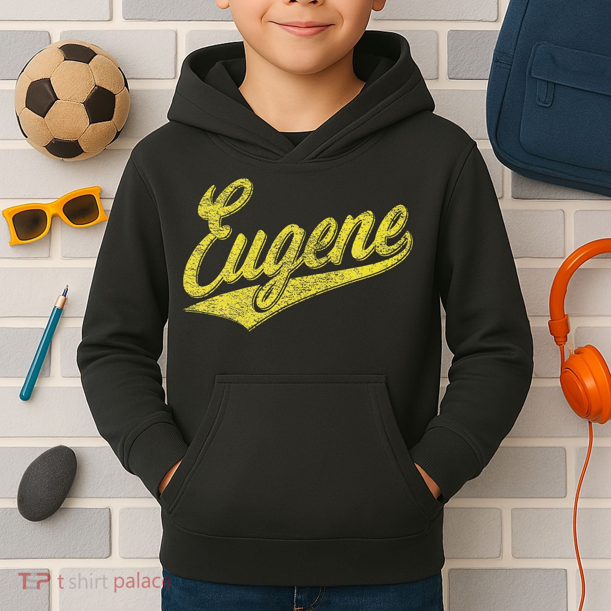Eugene Oregon Flag Sports Baseball Script Jersey Swoosh Kids Hoodie