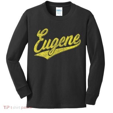 Eugene Oregon Flag Sports Baseball Script Jersey Swoosh Kids Long Sleeve Shirt