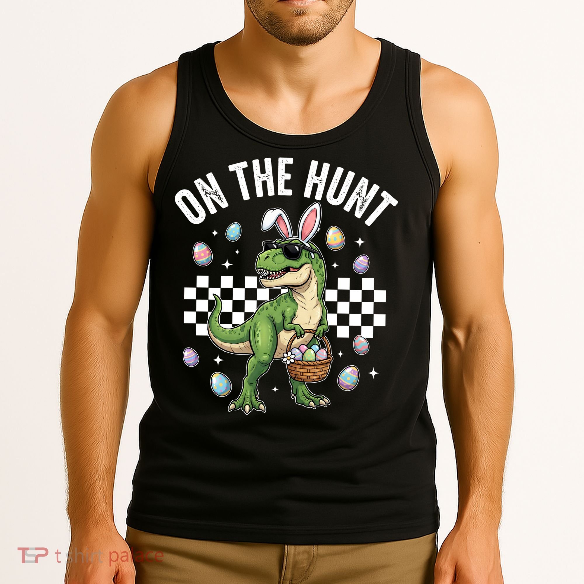Easter On The Hunt Bunny Ears T-Rex Dinosaur  Tank Top