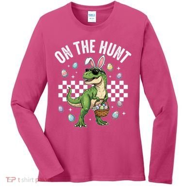 Easter On The Hunt Bunny Ears T-Rex Dinosaur  Women's Long Sleeve Shirt