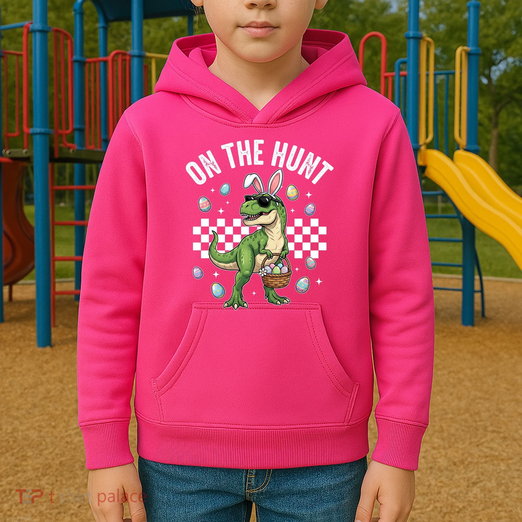 Easter On The Hunt Bunny Ears T-Rex Dinosaur  Kids Hoodie