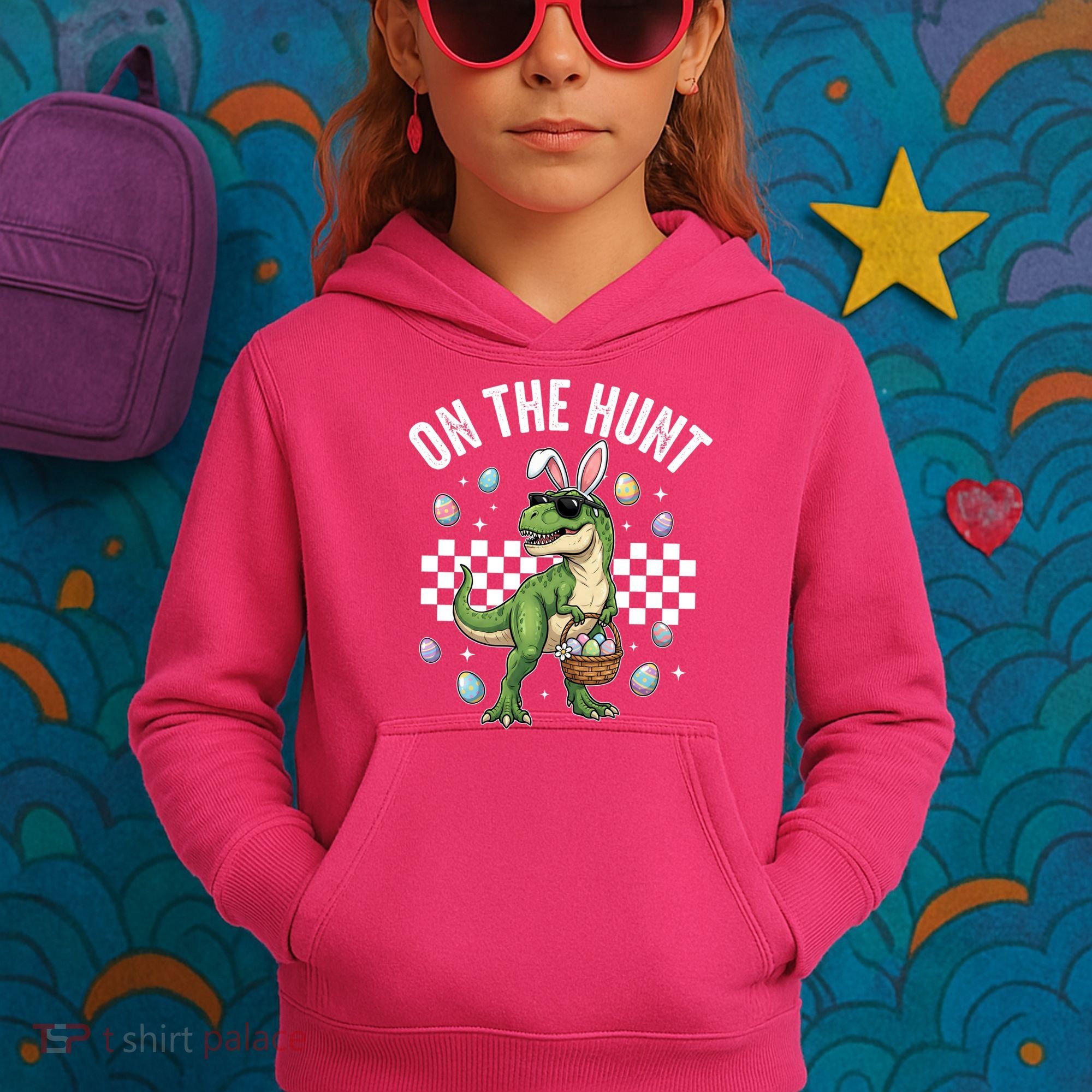 Easter On The Hunt Bunny Ears T-Rex Dinosaur  Kids Hoodie