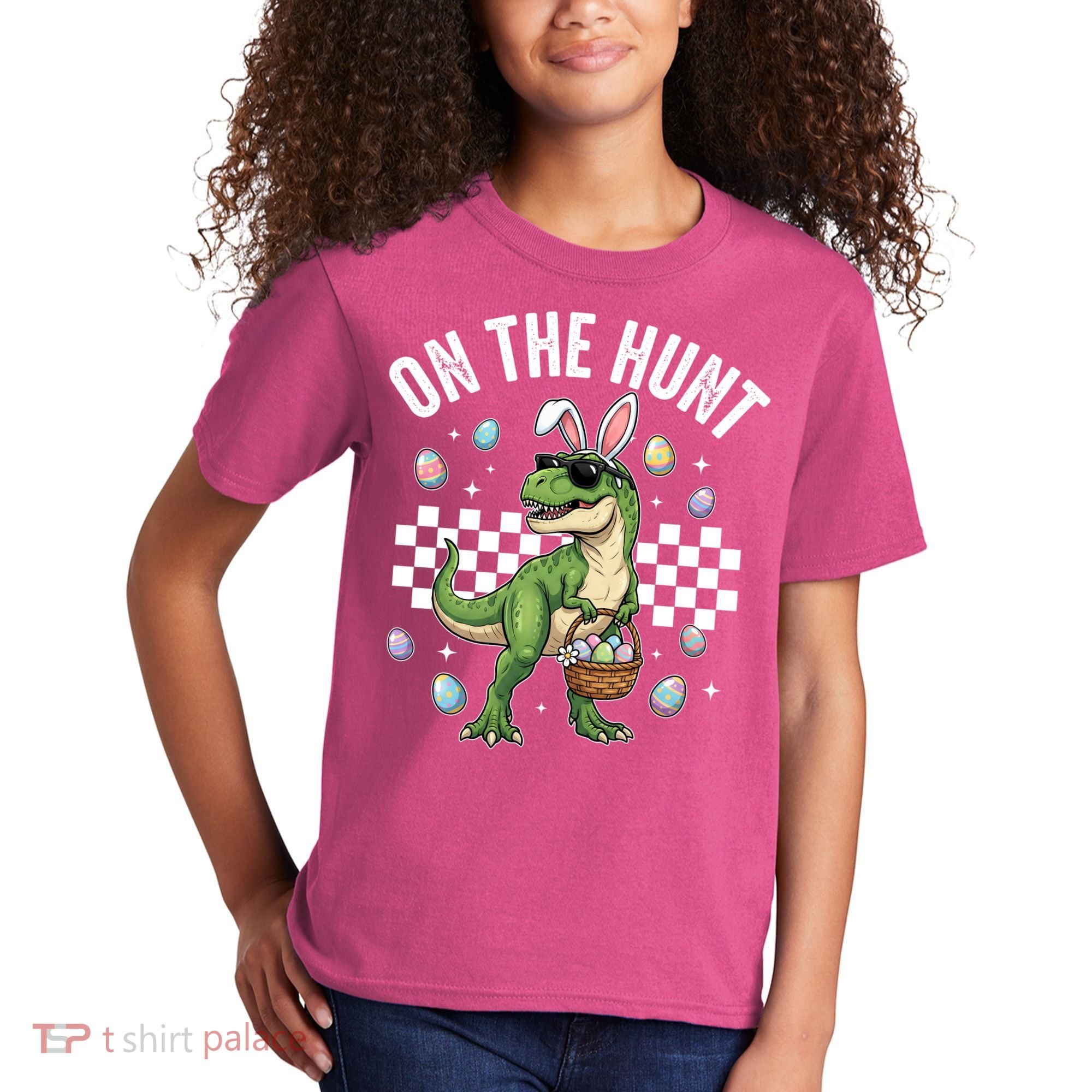 Easter On The Hunt Bunny Ears T-Rex Dinosaur  Kids T-Shirt