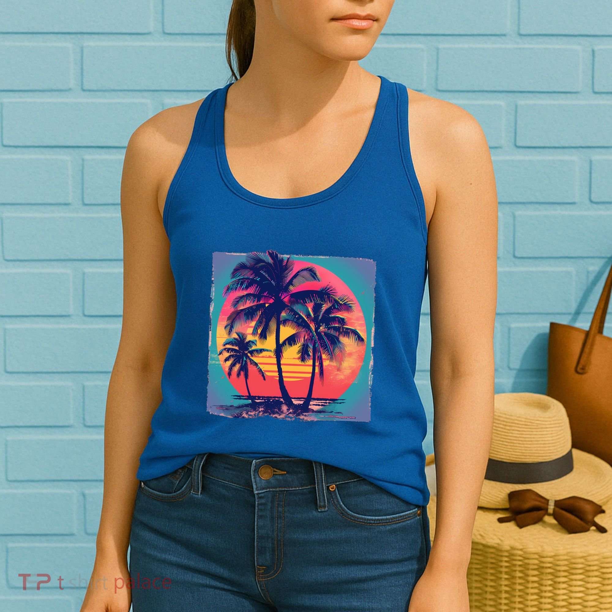 Eighties Retro 80s Style Beach Palm Trees Summer Gift Women's Tank Top