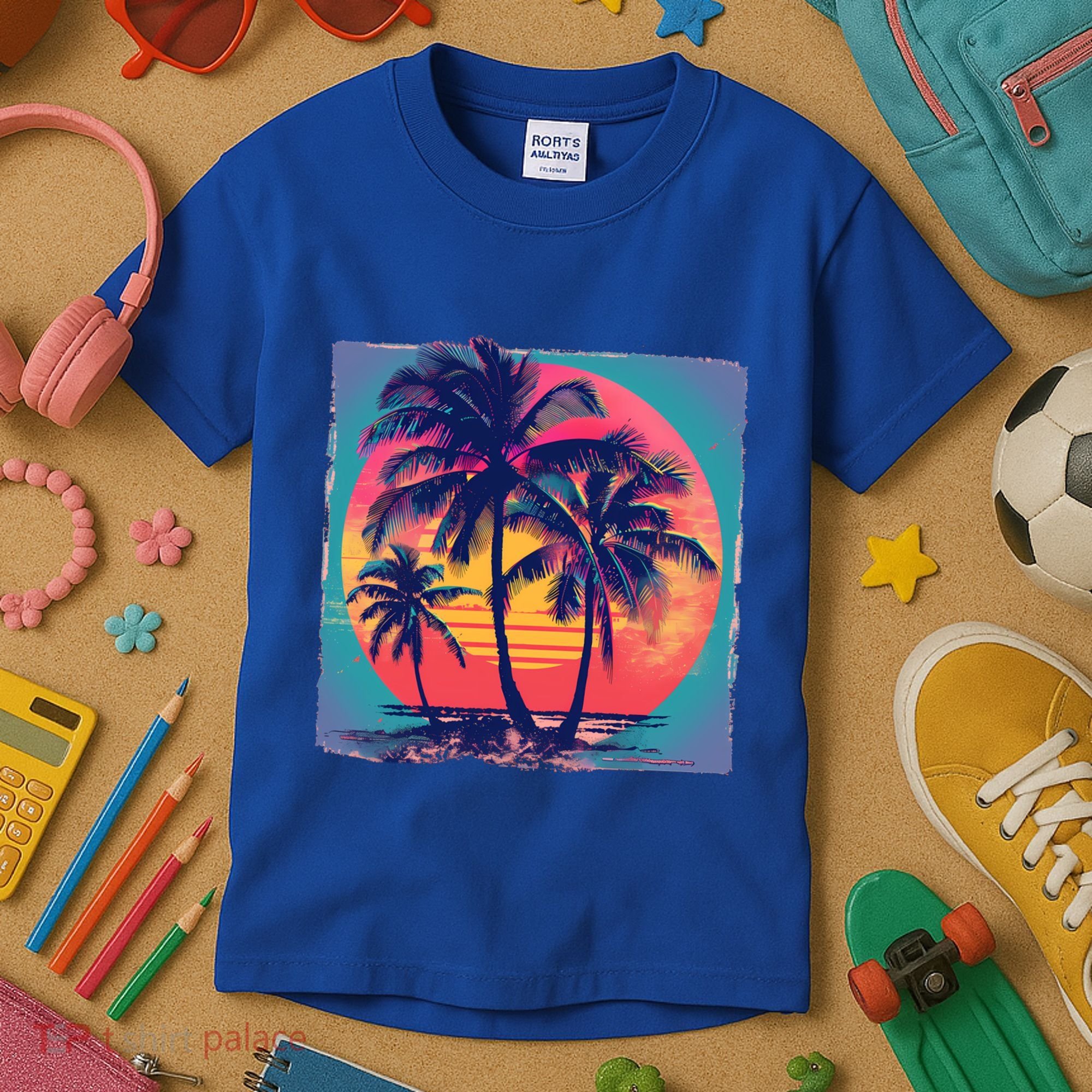 Eighties Retro 80s Style Beach Palm Trees Summer Gift Kids T-Shirt