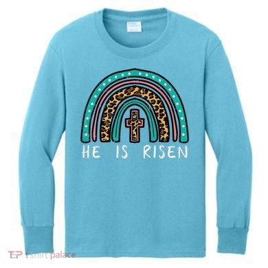 Easter Rainbow He Is Risen Religious Christian Girl Kids Long Sleeve Shirt